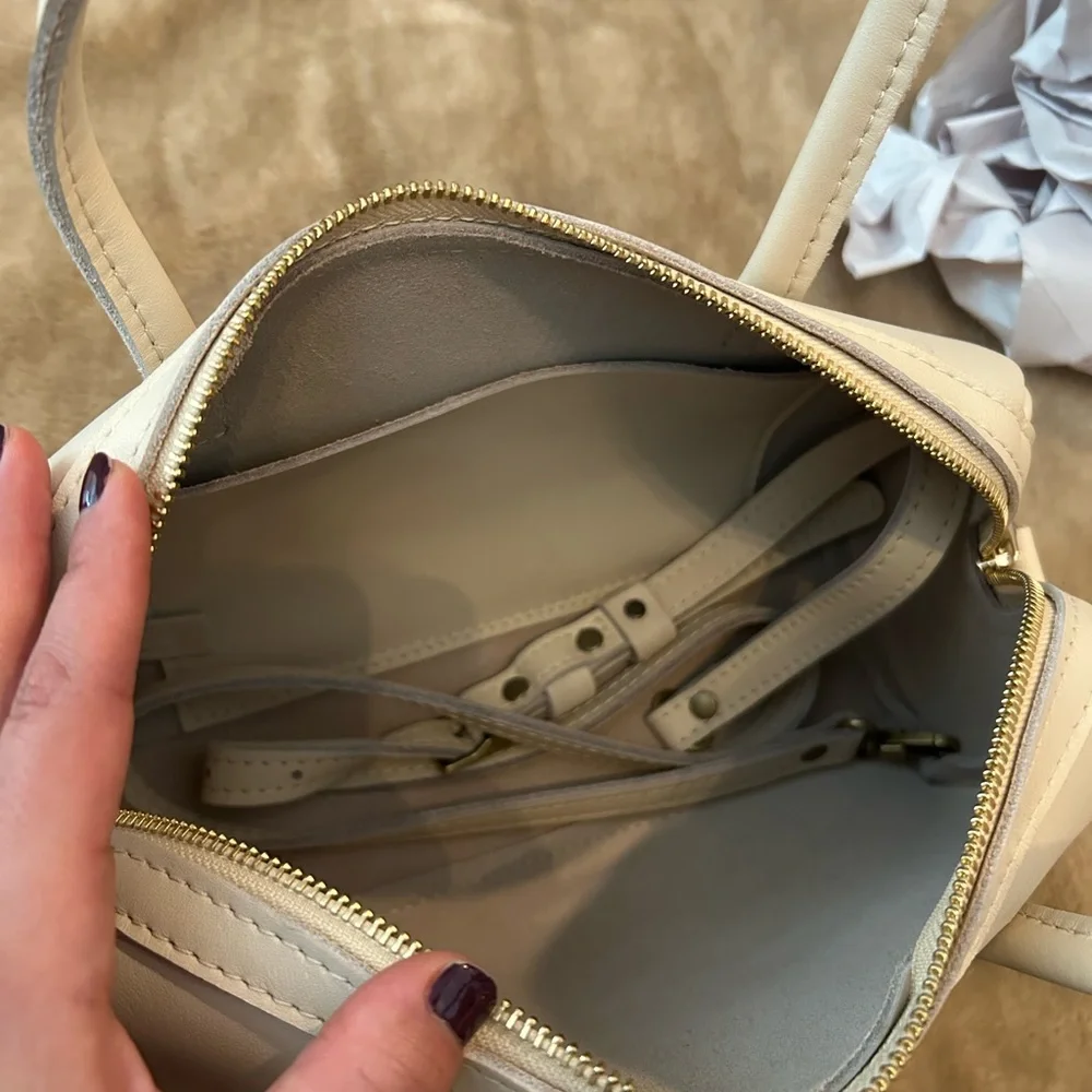 Cream Leather Satchel Bag with Detachable Strap